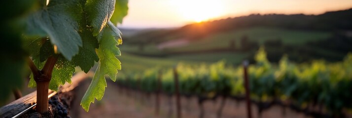 Leinwandbilder - Close-up of grape leaves with water droplets. Vineyard rows extend into the blurred background. Sunset illuminates the scene with warm light and a soft focus effect