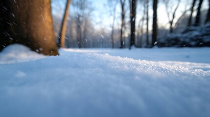 Aufkleber - Close-up view of fresh snow illuminated by sunlight in a forest setting. The image captures detailed textures and a sense of winter tranquility