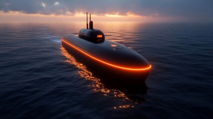 Poster - A dark vessel glides across the ocean's surface during sunset reflecting orange and yellow light on the water and emitting a warm glow