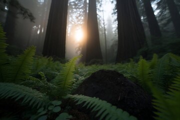Leinwandbilder - Lush green ferns and towering trees fill the frame with soft sunlight piercing through the misty forest creating a serene and natural scene
