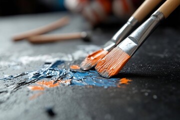 Poster - Close-up shot of paintbrushes with orange and blue paint on a dark surface. Artistic composition with focus on texture and color, suggesting creativity and artistry