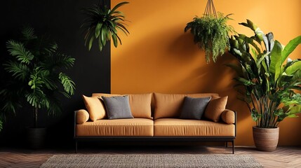 Poster - A modern living room with an orange and black wall a brown sofa with gray pillows and various indoor plants. The room is filled with natural light