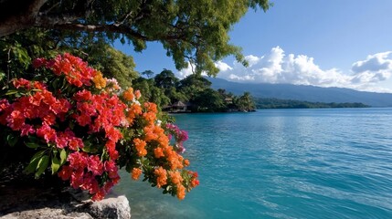 Aufkleber - Scenic coastal view featuring vibrant red and orange flowering plants cascading over rocks turquoise water and lush green trees against a blue sky with fluffy clouds