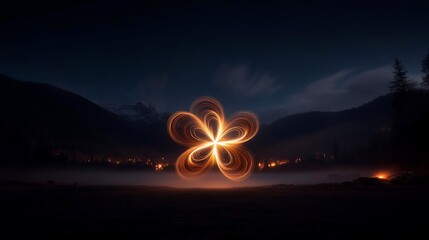 Poster - Glowing floral light trails illuminate the foreground against a mountain range backdrop during twilight