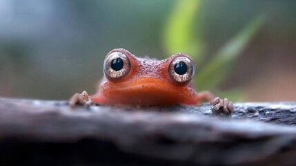 Aufkleber - A close-up of an orange frog with large eyes peeking from behind a brown log against a blurred green background