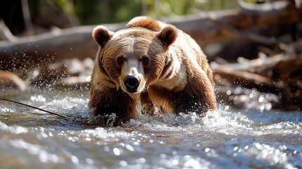 Aufkleber - Generic animal wading through shallow water with sunlight illuminating its fur and a blurred background of trees