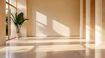 Leinwandbilder - Spacious beige interior with natural light streaming through large window showcasing decorative plant and marble flooring. Clean aesthetic with architectural columns