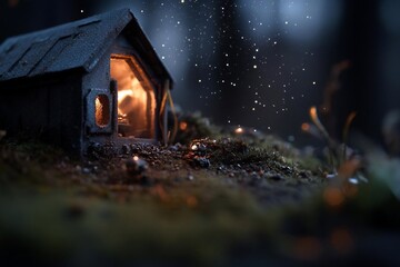 Aufkleber - Miniature cabin with warm interior light against a blurred forest background evoking a sense of coziness and wonder