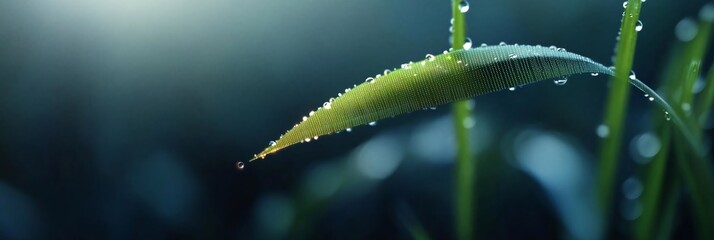 Aufkleber - Close-up of a green leaf with water droplets in a naturalistic setting with a blurred background and soft focus. Focus on texture and light
