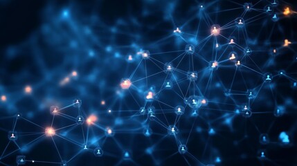 Fototapete - Glowing Social Network Icons and People Silhouettes on Dark Blue Abstract Background Representing Global Digital Communication and Networking Technology