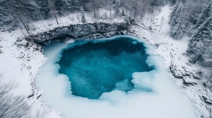 Poster - Aerial view of a turquoise glacial lake surrounded by snow-covered rocks and evergreen trees. The image shows a serene winter landscape with ice formations and natural textures