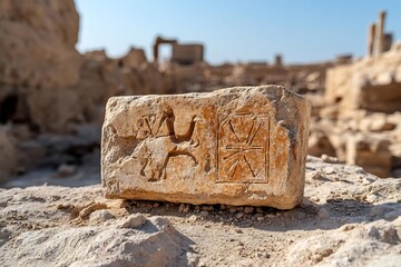Poster - Close up shot of an ancient brick with carvings displayed in a historical setting showing signs of age and erosion with a visible sun