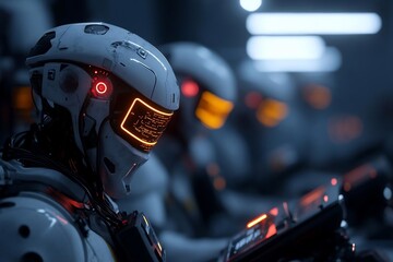 Leinwandbilder - Futuristic robots in a dimly lit interior with glowing visors. A row of robotic figures with detailed metallic textures, illuminated by neon lights, creating a cinematic ambiance