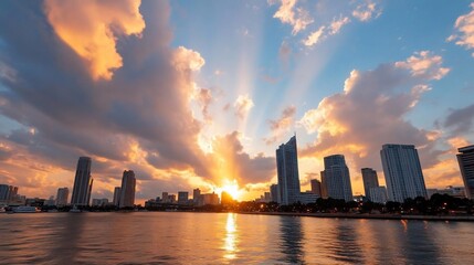 Aufkleber - Scenic cityscape illuminated by a vibrant sunset reflecting on the water. Tall buildings silhouetted against a sky filled with clouds and golden rays