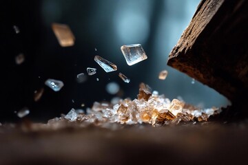 Leinwandbilder - Close up shot of crystal structures in mid air and grounded creating a mesmerizing interplay of light and shadow. Focus on textures and details