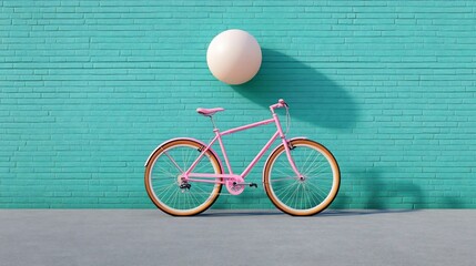 Aufkleber - A pink bicycle against a turquoise wall with a floating sphere above creating a shadow. The scene is minimalist featuring an asphalt surface. The lighting is bright and the composition symmetrical