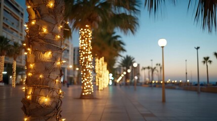 Aufkleber - Palm trees adorned with glowing string lights line a boardwalk at dusk against a soft blue sky illuminated streetlights creating a festive ambiance
