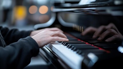 Poster - Close-up view of musician's hands playing a black piano with red accents. Soft lighting creates a warm atmosphere. Focus on hands and keys with blurred background