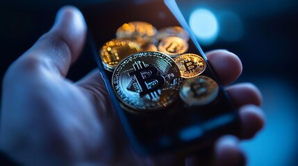 Poster - Hand holding smartphone displaying several gold coins with generic logo against blurred dark background