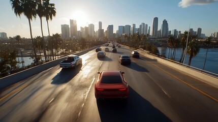 Aufkleber - Aerial view of traffic on a coastal highway during a sunset. Vehicles move towards a city skyline with palm trees and water. Golden hour creates a warm atmosphere