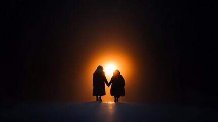 Aufkleber - Silhouette of two figures holding hands against a bright orange sunset background. They are standing on a reflective surface, bathed in warm light