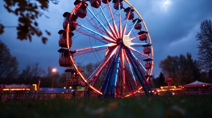 Aufkleber - Ferris wheel illuminated at dusk showcasing a dynamic blend of red and blue lights against a darkening sky and foliage foreground offering an amusement park atmosphere