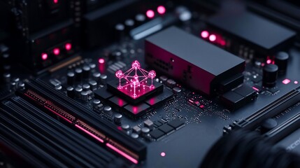 Poster - Close-up of a circuit board with glowing pink accents representing data processing and network connections. Focus on the illuminated central processing unit. 