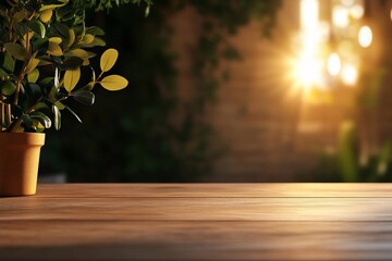 Poster - Wooden table with potted plant and blurred background in a sunny atmosphere with soft lighting and bokeh effect. The scene is filled with warmth and inviting ambiance