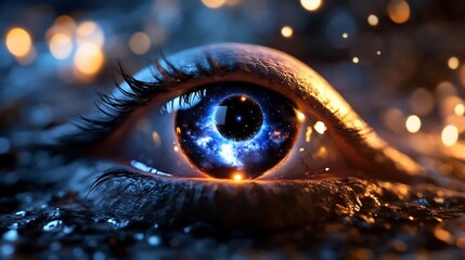 Fototapete - Close-up view of a human eye with a galaxy reflection creating a surreal and magical atmosphere. Intense blue and gold color palette highlights the iris and surrounding details