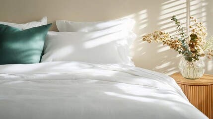 Poster - Elegant bedroom scene featuring a white bed with a turquoise pillow a vase of flowers on a bedside table. Sunlight creates a warm atmosphere