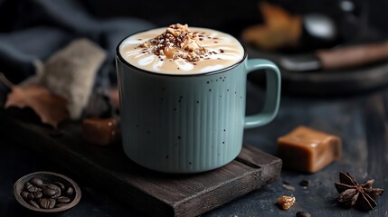 Poster - A teal mug filled with a caramel latte sits on a wooden board surrounded by caramel candies and coffee beans dark moody lighting