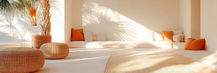 Poster - A sunlit interior features a neutral color palette with textures from a woven rug and cushions creating a serene ambiance. Natural light streams through a window casting shadows across the space