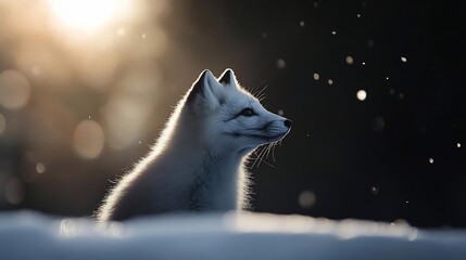 Aufkleber - A profile view of an animal in a snowy landscape with backlight and bokeh effects. The animal is light-colored, against a dark background