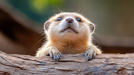Poster - Close-up portrait of an adorable animal looking upwards with a curious expression against a blurred green and brown background on a tree branch under sunlight