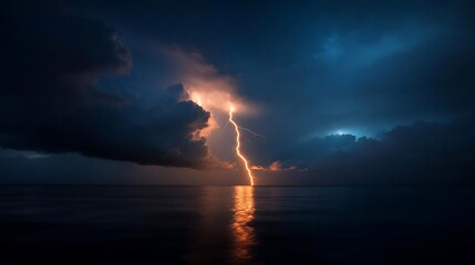Poster - Dramatic lightning strikes over calm ocean waters creating vibrant reflections. Dark storm clouds contrast with the illuminated sky, highlighting the raw power of nature. The scene is a display of