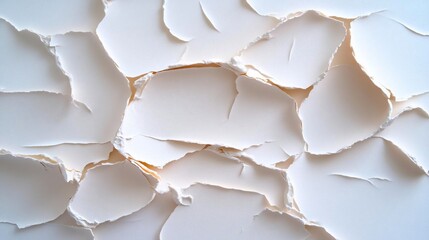 Fototapete - Close up of torn white paper pieces arranged against a pale background creating an abstract textured pattern