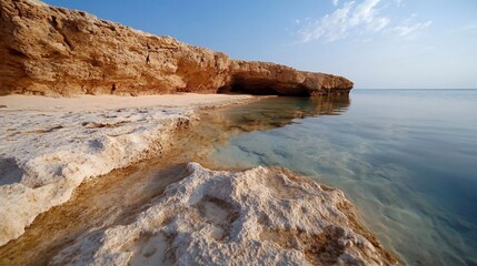 Poster - Coastal scene featuring eroded sandstone formations meeting clear turquoise water under a bright blue sky. The lighting creates a sense of tranquility