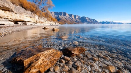 Aufkleber - A scenic lakeside view featuring clear water and rocky foreground with mountain background. The water surface has a mist and sky is blue