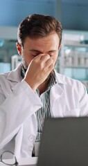Aufkleber - Science, headache and man in laboratory with laptop for research, burnout stress or glasses. Tired, eye strain and scientist with fatigue, online medical study and overworked in biotech engineering