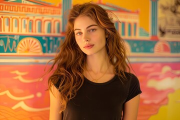 Poster - Model Posing in Front of Colorful Abstract Vaporwave Background with Retro Greek Architecture, Cyberpunk Elements, and Internet-Inspired Aesthetics.