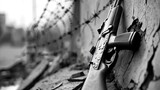 Military weapon rests against a weathered wall behind barbed wire