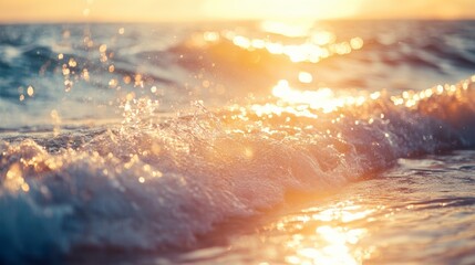 Aufkleber - Gentle waves roll onto the sandy beach as the sun sets on the horizon, casting golden hues on the water. The vibrant colors blend seamlessly, creating a peaceful ambiance that enchants the senses