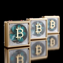 Aufkleber - Bitcoin Mining Rigs: A trio of gold-framed, fan-cooled units reflecting on a black surface, highlighting the digital currency's energy intensive extraction.