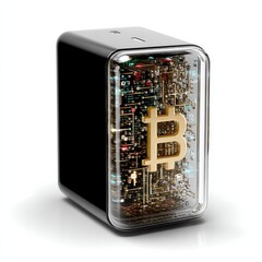 Aufkleber - Bitcoin Mining Server: Golden Cryptocurrency Embedded in a High-Tech Computing Device
