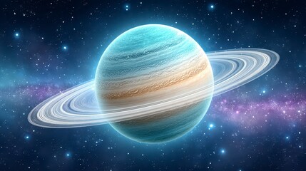 Poster - Teal and Beige Pixel Planet with Rings in Space