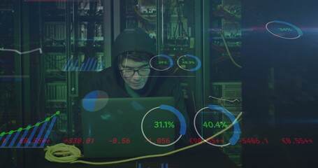Poster - Image of data processing over asian male hacker in hoodie with laptop by computer servers