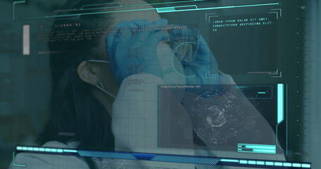Poster - Image of data processing over asian doctor wearing safety goggles and face mask