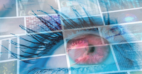 Poster - Image of woman's eye and data processing on screens