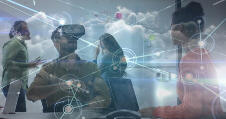 Poster - Image of network of connections over diverse business people with vr headset