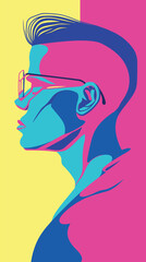 Wall Mural - vibrant pop art style portrait of young caucasian male in glasses flat vector illustration